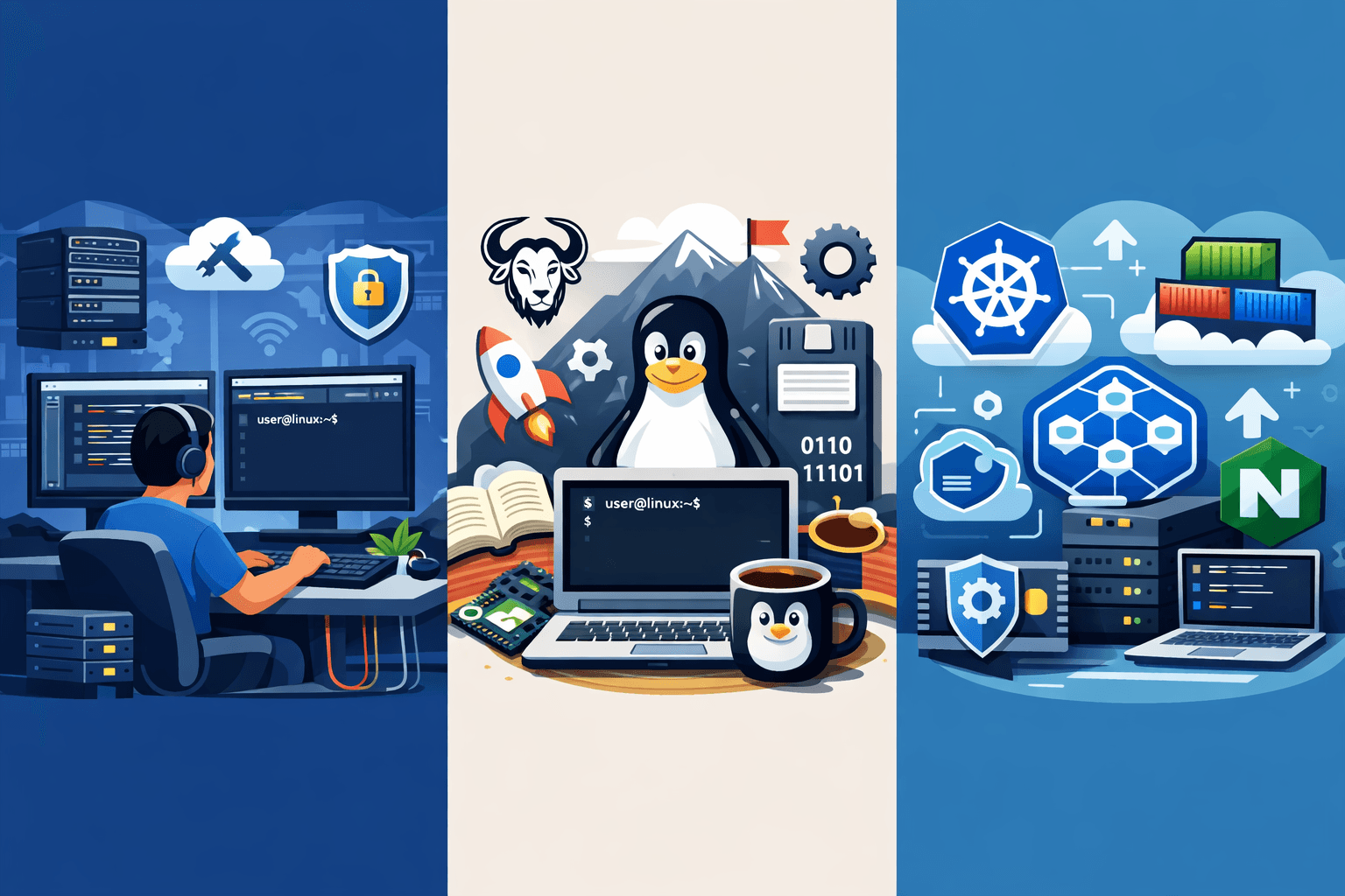 Three panels illustrating software development, Linux programming, and cloud infrastructure concepts.